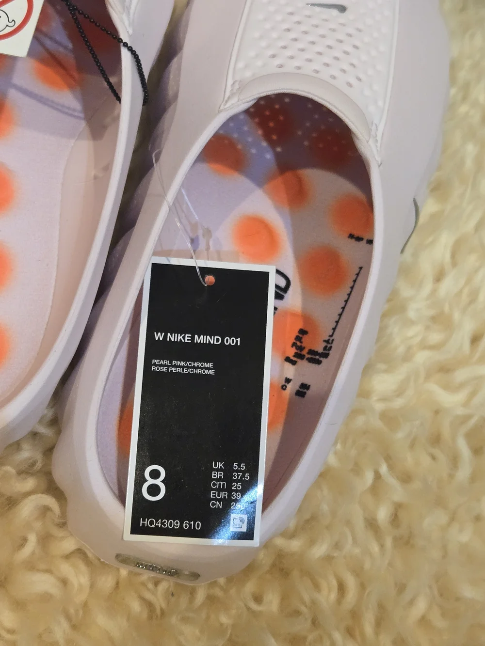 Nike Mind 001 Women Pale Pink Slip-On Slides with Orange Dot Insoles